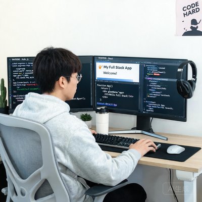 全栈工程师小刘在双屏幕前编码